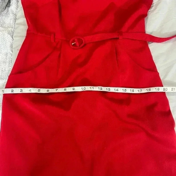 MERONA RED MIDI STRAIGHT DRESS CAP SLEEVES COWL NECK POCKETS SIZE 8 MEDIUM - Picture 11 of 13